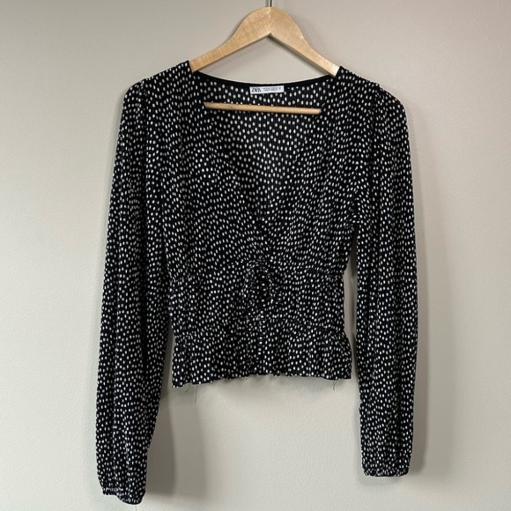 Zara Black White Polka Dot Cinched Waist Long Sleeve Blouse Size Small